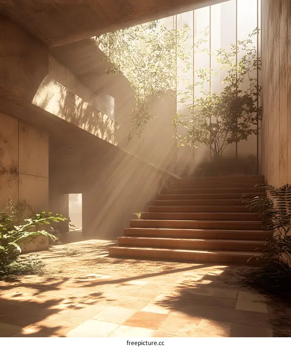 Sunbeams Shining Through a Concrete Stairwell