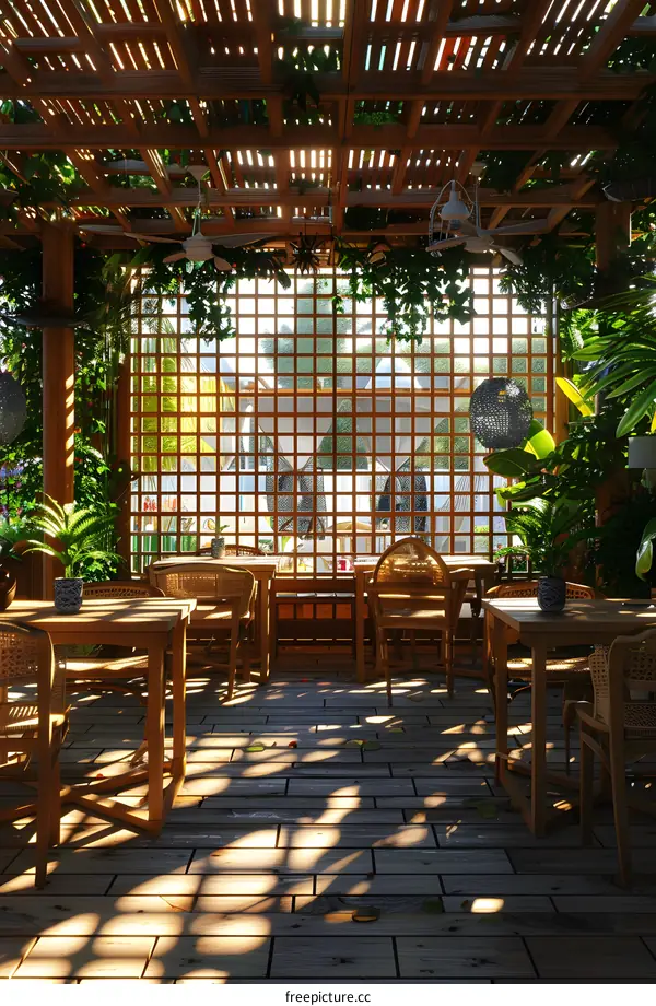 Outdoor Patio With Wooden Pergola and Lattice