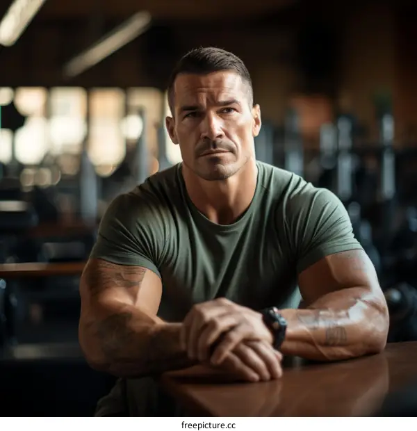 muscular man with tattoos sitting at a table looking at the camera