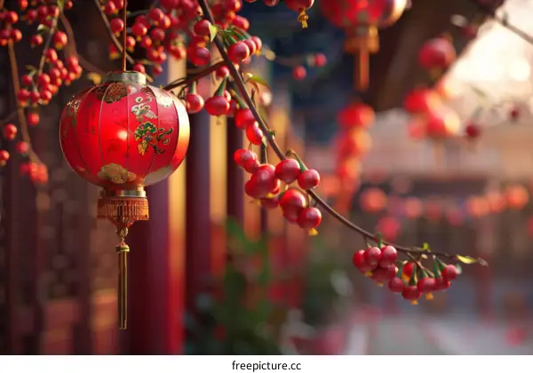 A red lantern hangs from a tree branch,庆祝春节