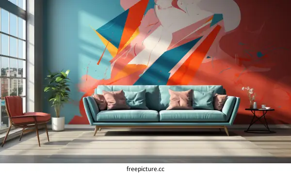 Blue couch in front of an abstract painting of a woman