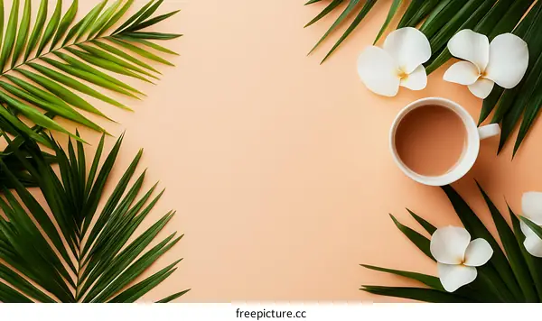 Tropical Leaves with Coffee and Flowers on Peach Background