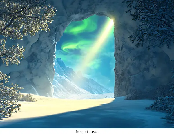 Snowy Mountain Landscape with Aurora Borealis Through Cave Entrance