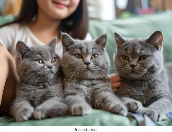Three British shorthair cats sitting on a couch with a girl in the background