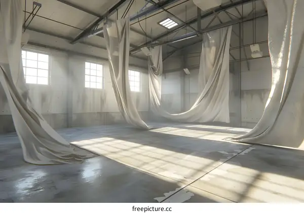 Empty Industrial Building With White Curtains