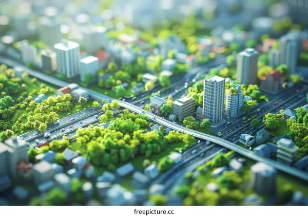 A Miniature City Model with Green Trees and Buildings