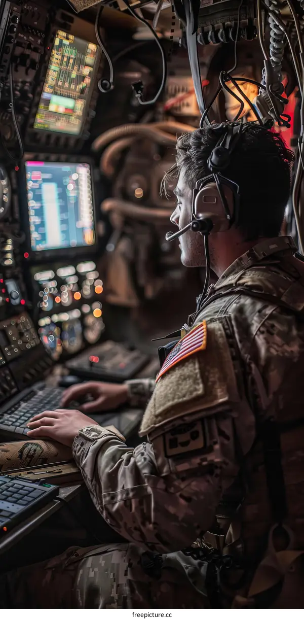 A soldier wearing a headset operates a computer in a military vehicle