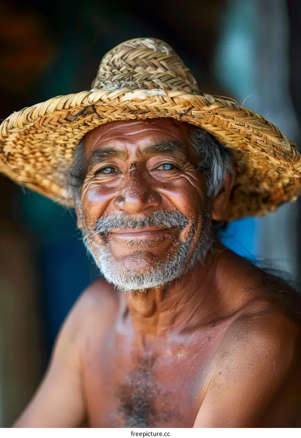 portrait of an elderly man wearing a straw hat