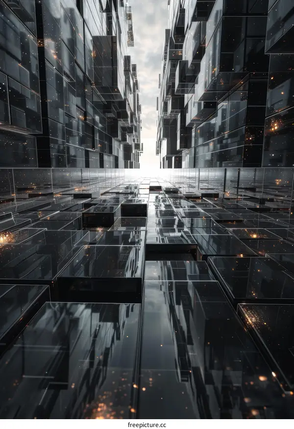 Futuristic Cityscape with Reflective Glass Buildings and Glowing Lights