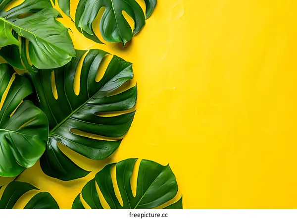 Green Monstera Leaves On Yellow Background