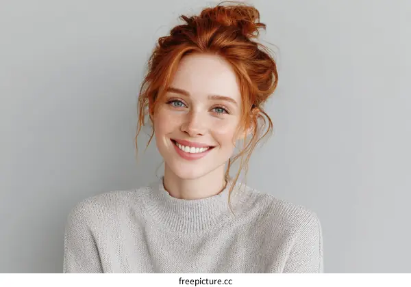 Portrait of a Smiling Redhead Woman in a Light Gray Sweater