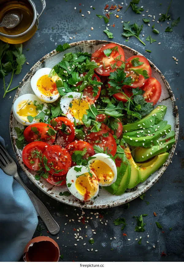 Healthy food. Healthy eating with avocado, tomato, egg and greens.