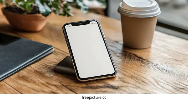 Modern Phone Mockup on Wooden Table with Coffee Cup