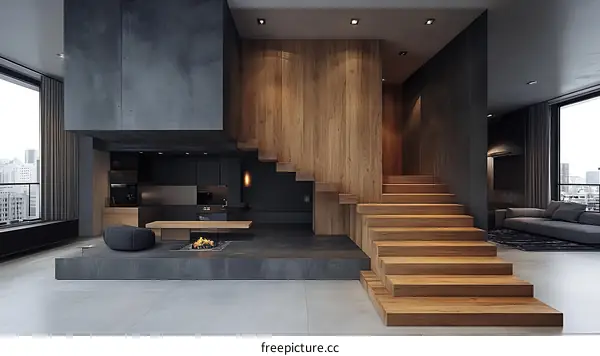 Modern Loft Interior Design with Wooden Stairs