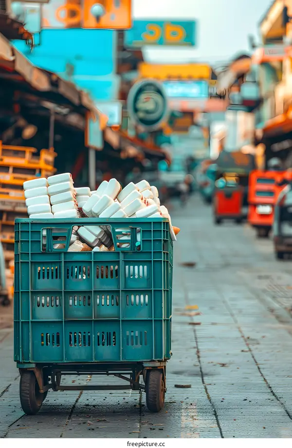 Green Crate Filled With White Packaging on the Street