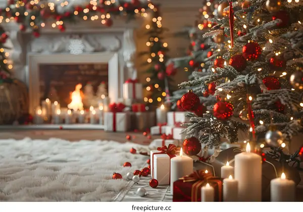 A living room decorated for Christmas