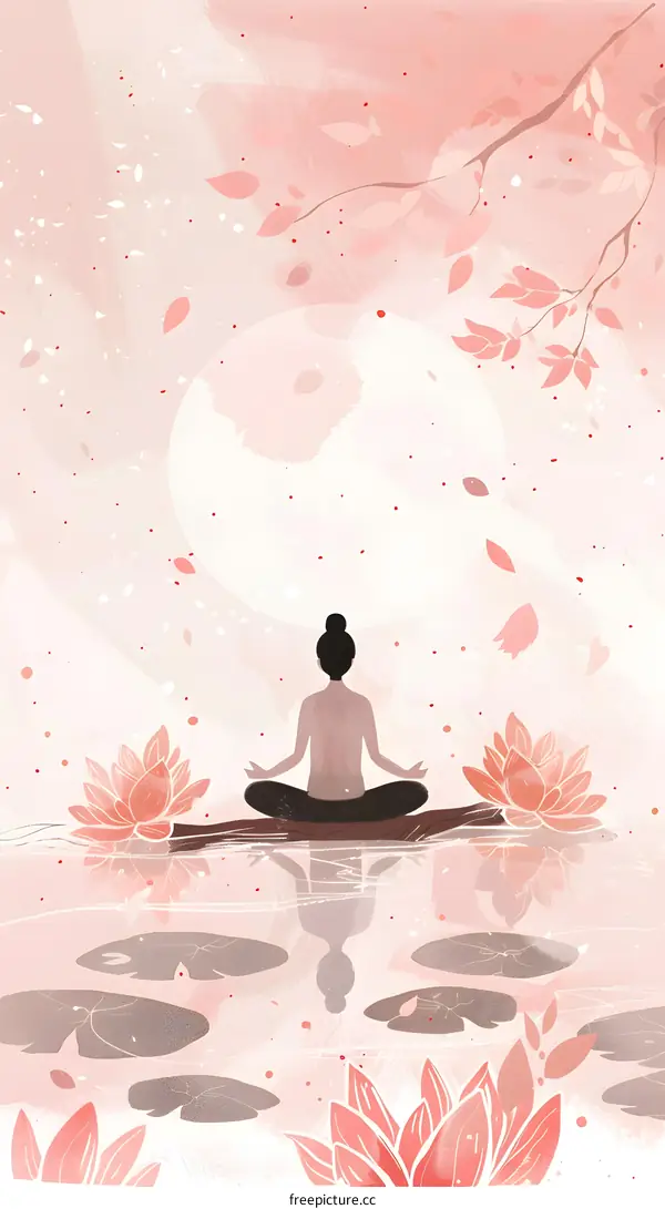Woman Meditating on Lotus Flower in Pink Water