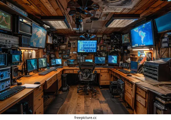 Modern Computer Workstation in a Rustic Cabin