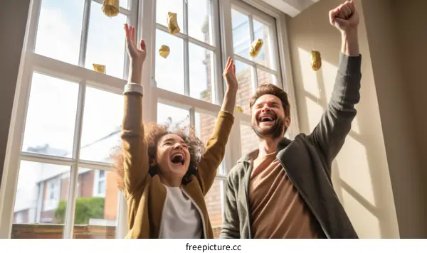 Couple celebrating with hands raised and money falling