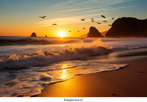 The setting sun casts a golden glow on the beach and the waves.