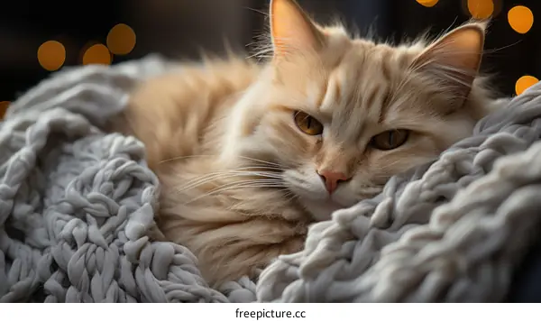 A ginger cat is lying on a gray blanket