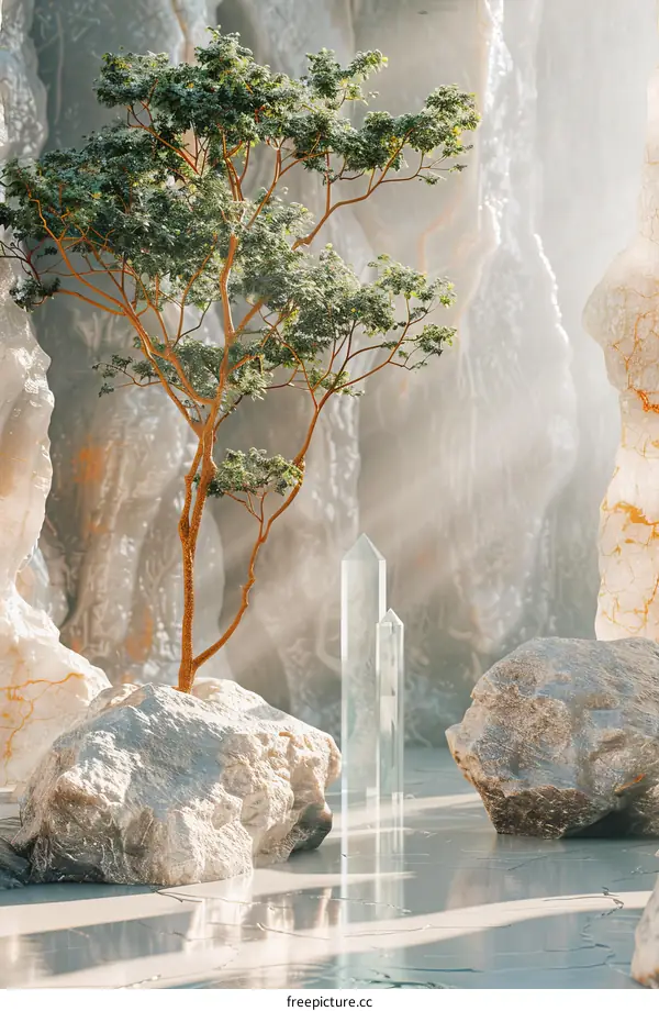 Fantasy landscape with floating rocks and a tree