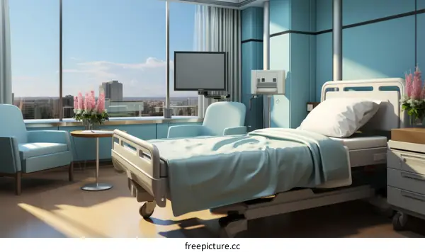 A hospital room with a bed, a chair, and a television