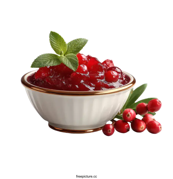 [Transparent Background PNG]Cranberry Sauce in a Bowl with Fresh Herbs