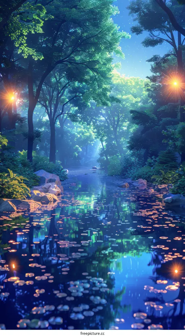 fantasy forest path with river and trees