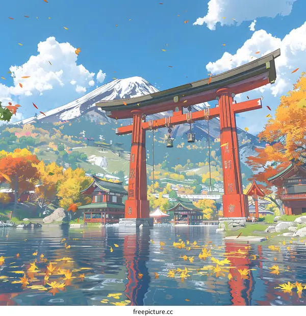 Serene Autumn Temple by the Lake
