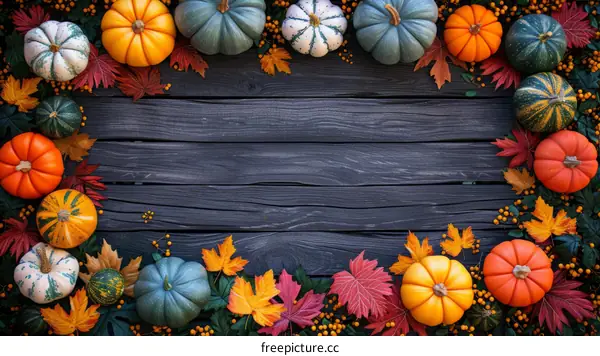 A wooden table with pumpkins and fall leaves