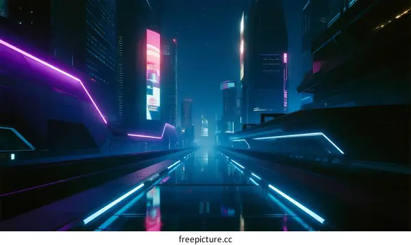 Futuristic Urban Night Scene with Neon Lights and Buildings
