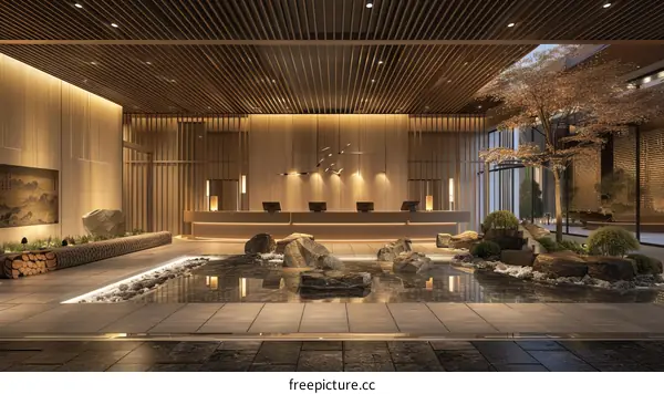 A hotel lobby with a beautiful garden