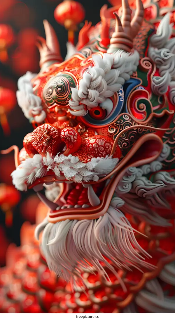 A close-up of a Chinese dragon puppet used in a traditional dance