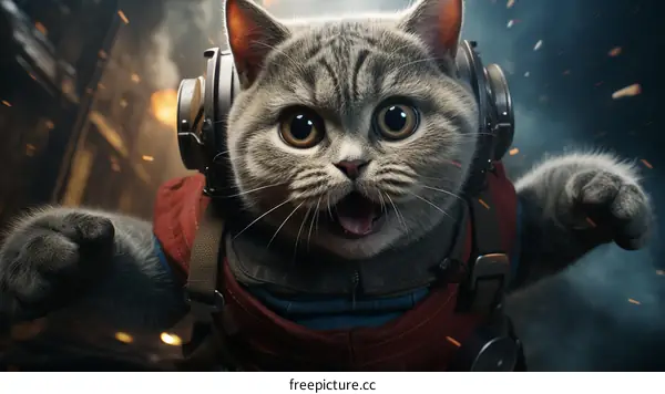 Cute Cat in Headphones with Red and Blue Vest