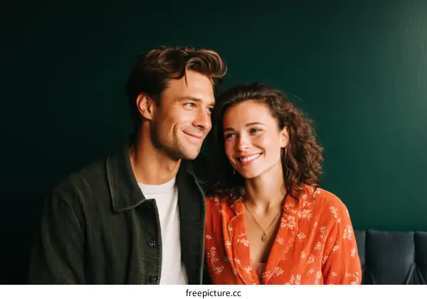 Couple Portrait Against Dark Green Background