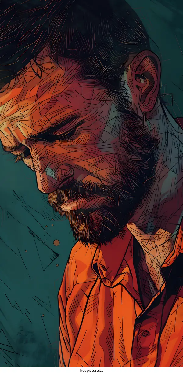 Man with Beard Looking Down in Illustration Style