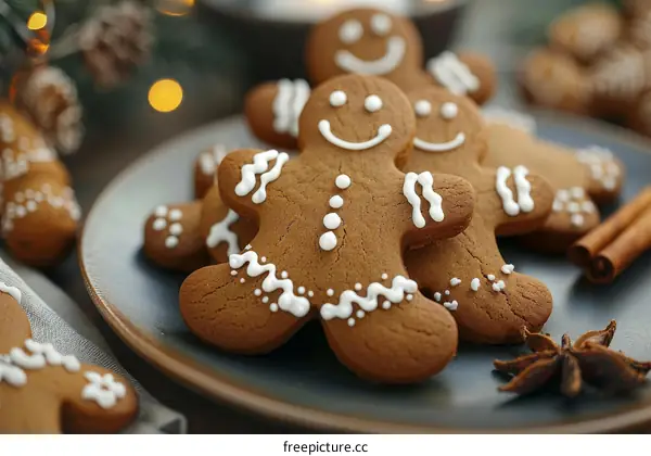 Gingerbread man cookies decorated with white icing on a blue plate