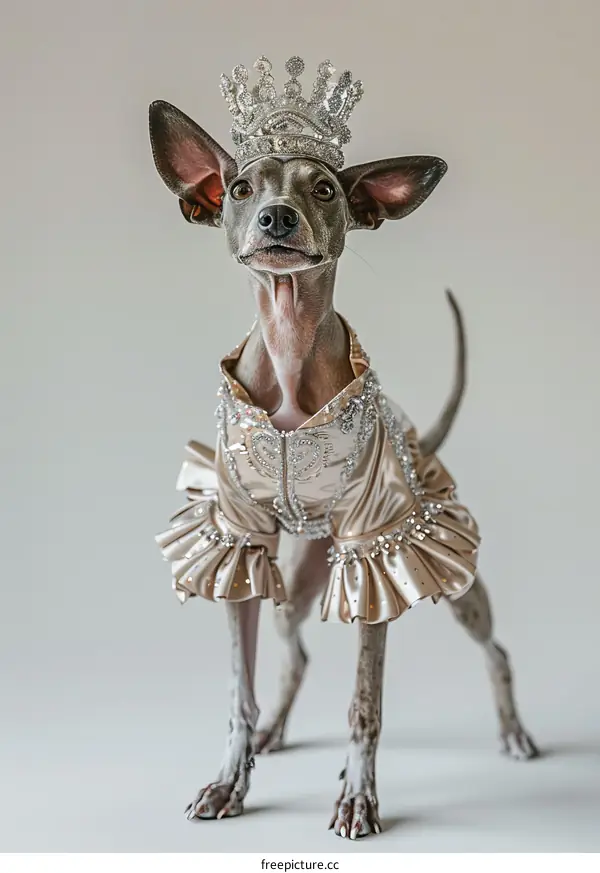 A Whippet dog wearing a silver crown and a gold dress