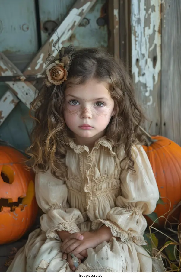Little girl with freckles and brown hair sitting on a pumpkin