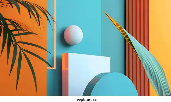 Minimalist Abstract Background With Palm Leaves And Geometric Shapes