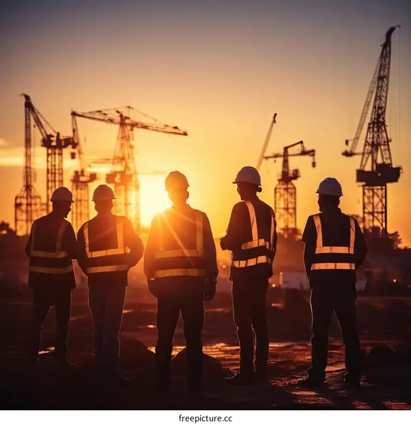 Construction workers on a building site at sunset