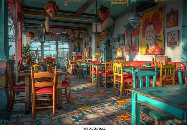 Mexican Restaurant with Vibrant Colors and Lively Atmosphere