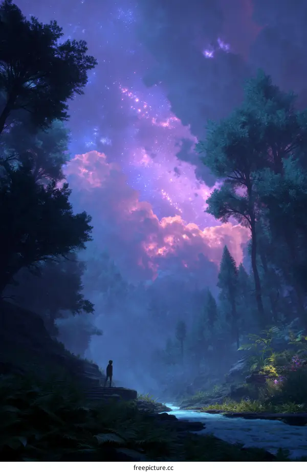 Mystical Forest at Night with a Lone Figure