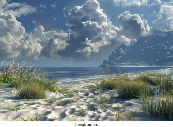 Tropical Coastal Getaway: White Sand, Grassy Coastline, and Tranquil Waters