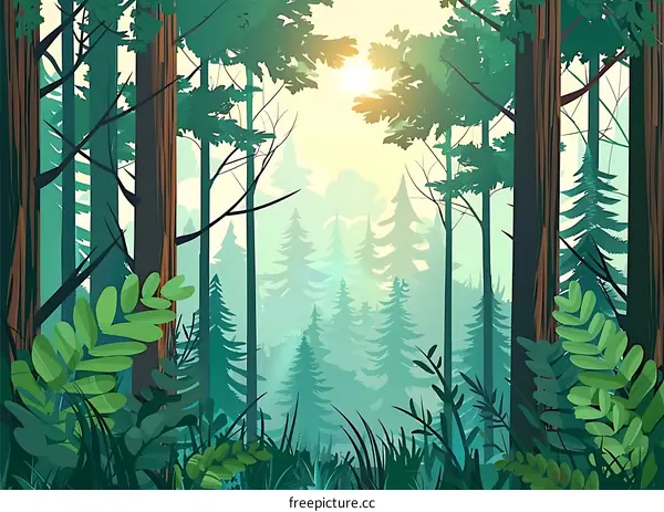 Sunrise Through the Trees in a Lush Forest