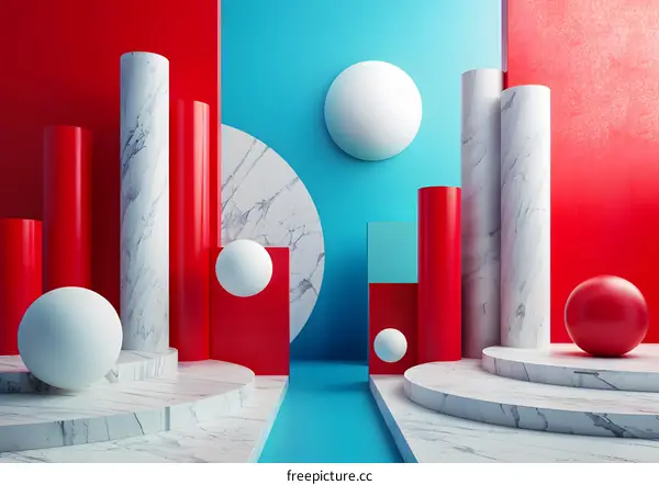 Abstract Geometric Shapes with Red and White Colors on Blue Background