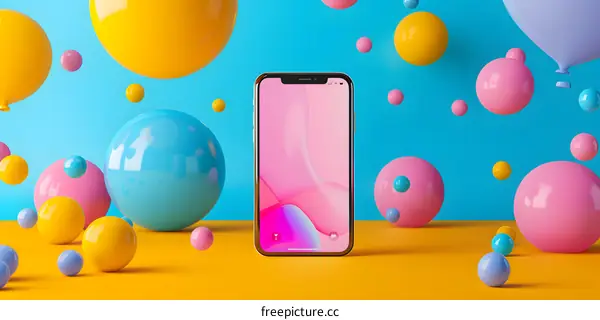 Colorful Balloons and Smartphone with Pink Background