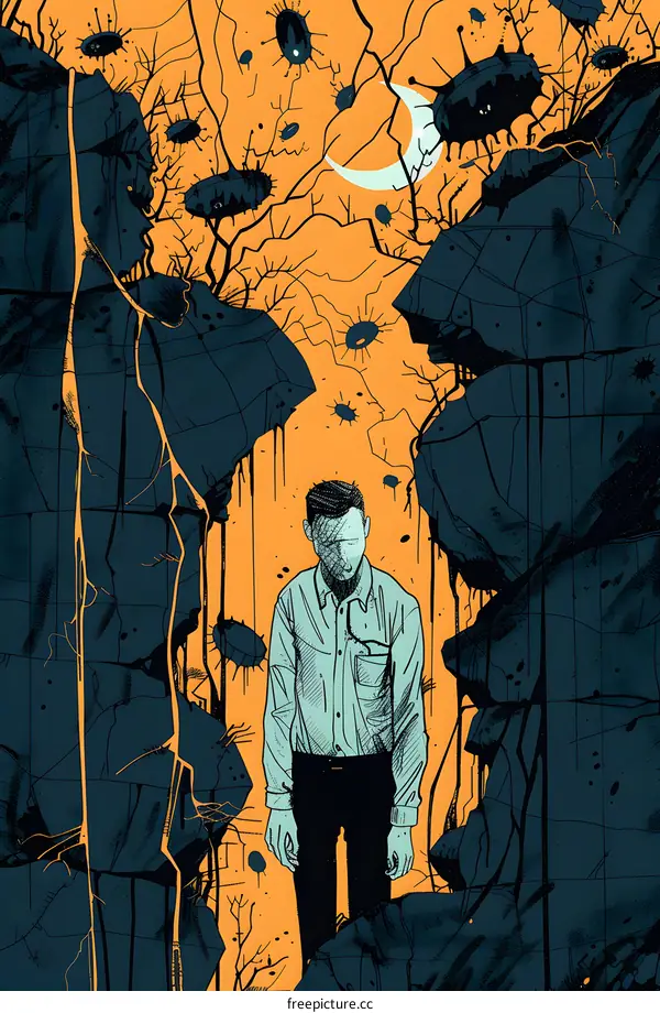 Man Standing Between Two Large Rocks in a Surreal Landscape