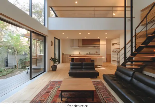 Modern Open Concept Living Room With Wooden Floor And Large Windows